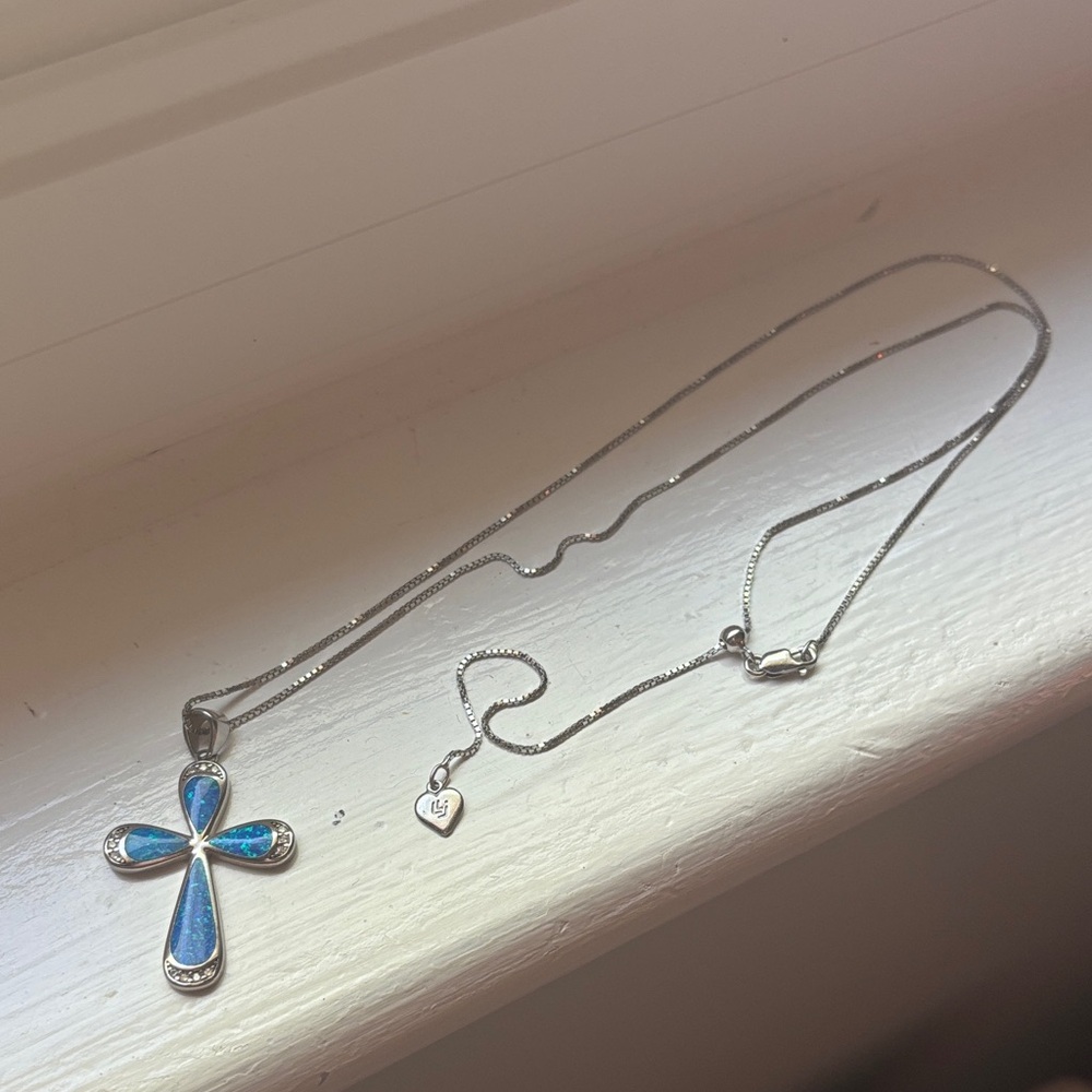Mexican Sterling Silver Blue Opal Cross Pendant Necklace with Adjustable Chain